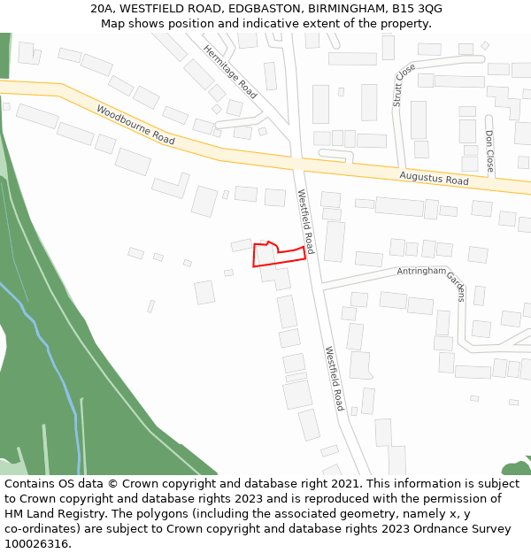 20A, WESTFIELD ROAD, EDGBASTON, BIRMINGHAM, B15 3QG: Location map and indicative extent of plot