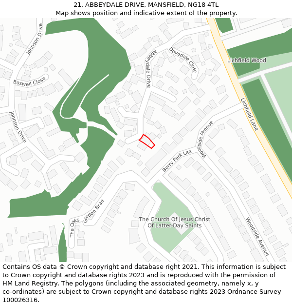 21, ABBEYDALE DRIVE, MANSFIELD, NG18 4TL: Location map and indicative extent of plot