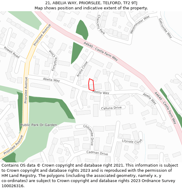 21, ABELIA WAY, PRIORSLEE, TELFORD, TF2 9TJ: Location map and indicative extent of plot