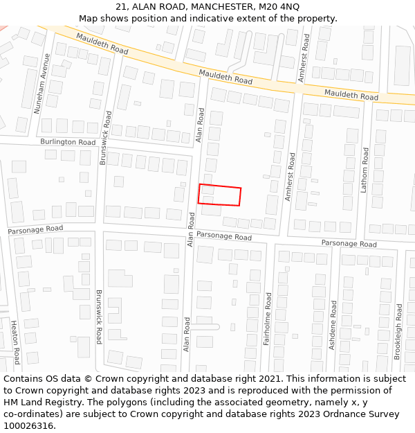 21, ALAN ROAD, MANCHESTER, M20 4NQ: Location map and indicative extent of plot