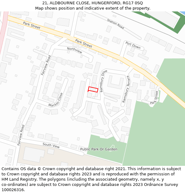 21, ALDBOURNE CLOSE, HUNGERFORD, RG17 0SQ: Location map and indicative extent of plot