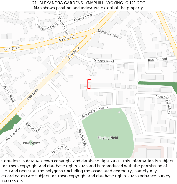 21, ALEXANDRA GARDENS, KNAPHILL, WOKING, GU21 2DG: Location map and indicative extent of plot