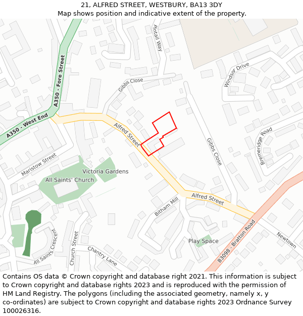 21, ALFRED STREET, WESTBURY, BA13 3DY: Location map and indicative extent of plot