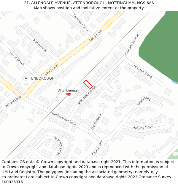 21, ALLENDALE AVENUE, ATTENBOROUGH, NOTTINGHAM, NG9 6AN: Location map and indicative extent of plot