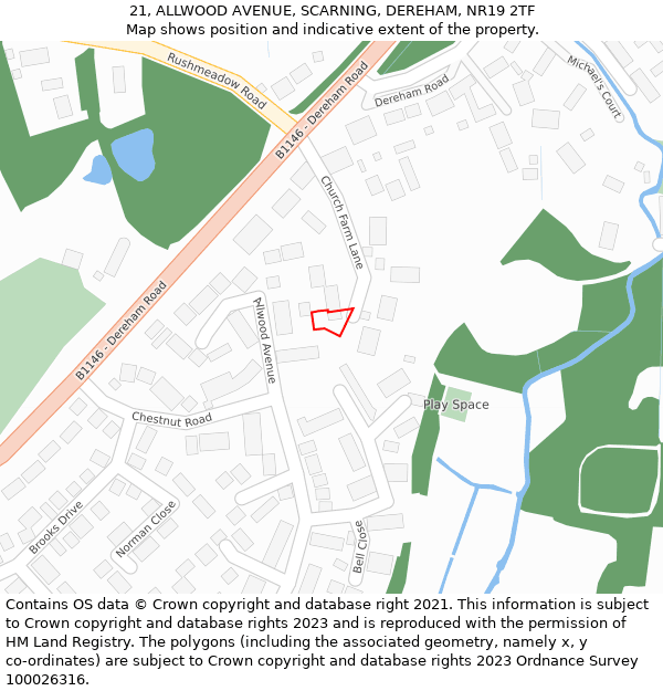 21, ALLWOOD AVENUE, SCARNING, DEREHAM, NR19 2TF: Location map and indicative extent of plot