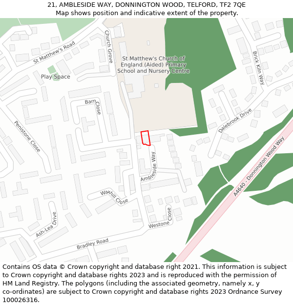 21, AMBLESIDE WAY, DONNINGTON WOOD, TELFORD, TF2 7QE: Location map and indicative extent of plot