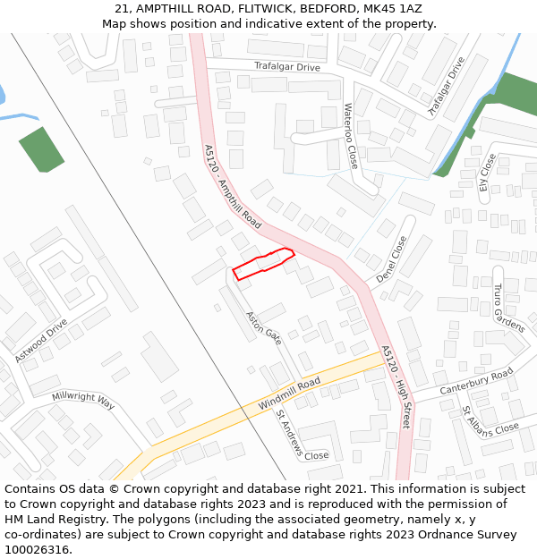 21, AMPTHILL ROAD, FLITWICK, BEDFORD, MK45 1AZ: Location map and indicative extent of plot