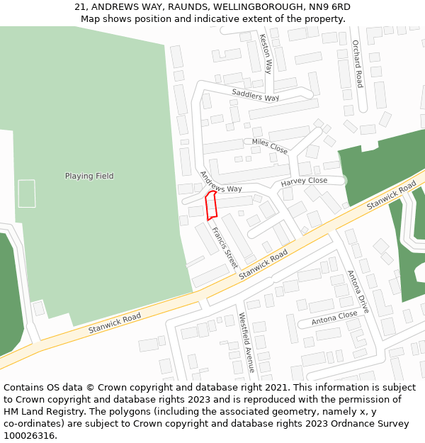 21, ANDREWS WAY, RAUNDS, WELLINGBOROUGH, NN9 6RD: Location map and indicative extent of plot