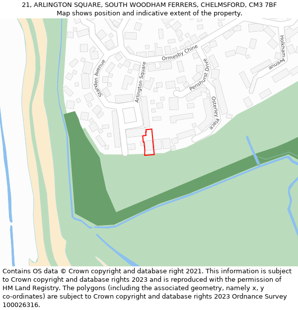 21, ARLINGTON SQUARE, SOUTH WOODHAM FERRERS, CHELMSFORD, CM3 7BF: Location map and indicative extent of plot