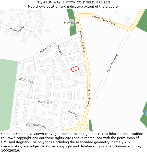 21, ARUN WAY, SUTTON COLDFIELD, B76 2BQ: Location map and indicative extent of plot