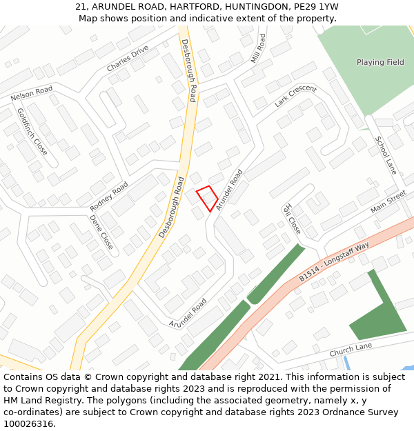 21, ARUNDEL ROAD, HARTFORD, HUNTINGDON, PE29 1YW: Location map and indicative extent of plot