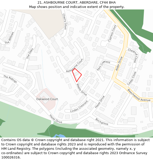 21, ASHBOURNE COURT, ABERDARE, CF44 8HA: Location map and indicative extent of plot