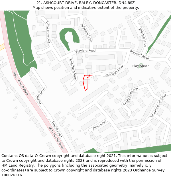 21, ASHCOURT DRIVE, BALBY, DONCASTER, DN4 8SZ: Location map and indicative extent of plot