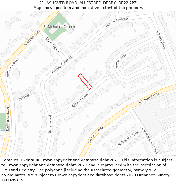 21, ASHOVER ROAD, ALLESTREE, DERBY, DE22 2PZ: Location map and indicative extent of plot
