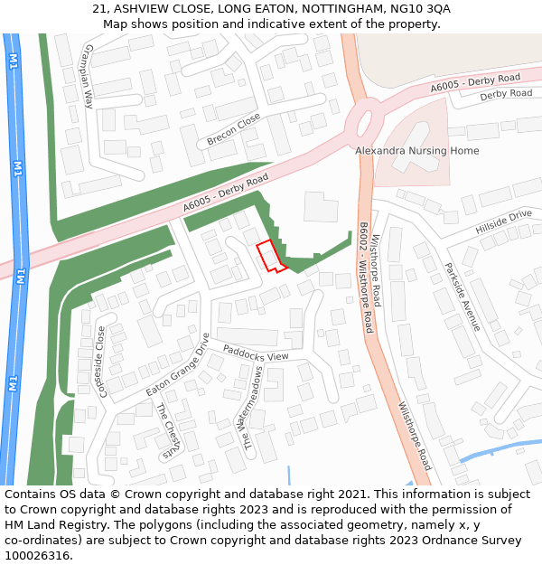 21, ASHVIEW CLOSE, LONG EATON, NOTTINGHAM, NG10 3QA: Location map and indicative extent of plot