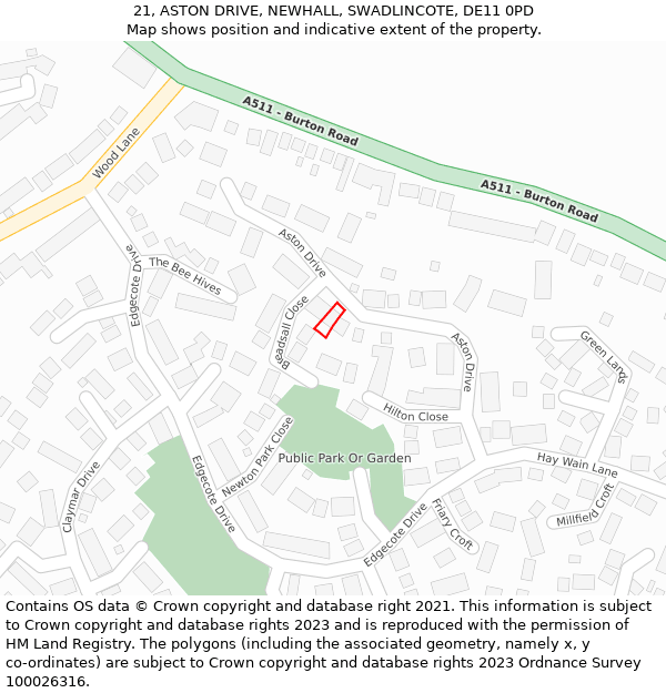 21, ASTON DRIVE, NEWHALL, SWADLINCOTE, DE11 0PD: Location map and indicative extent of plot