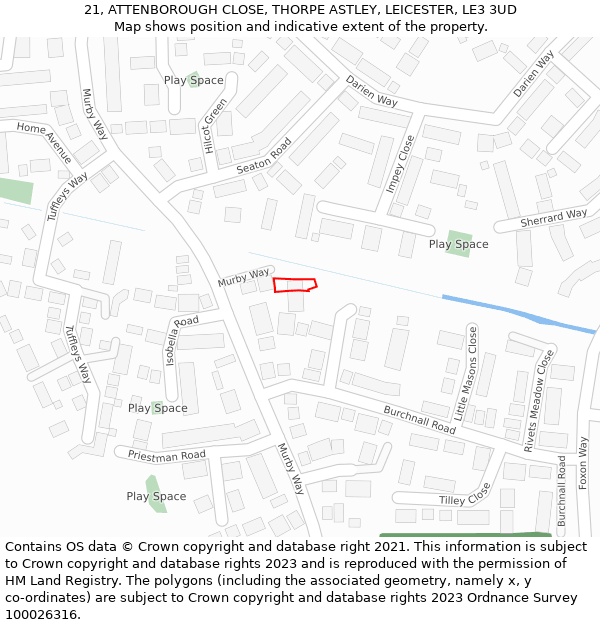 21, ATTENBOROUGH CLOSE, THORPE ASTLEY, LEICESTER, LE3 3UD: Location map and indicative extent of plot