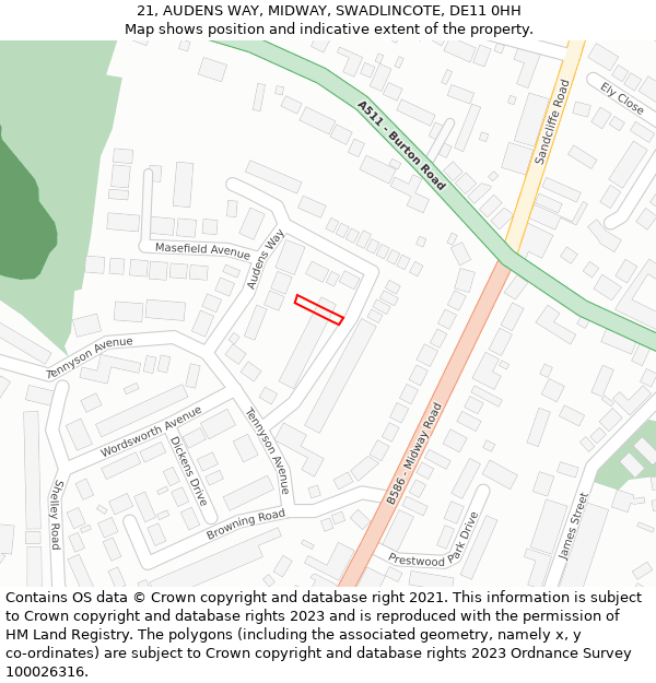 21, AUDENS WAY, MIDWAY, SWADLINCOTE, DE11 0HH: Location map and indicative extent of plot