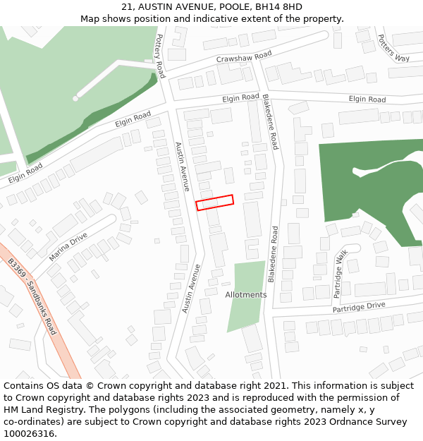 21, AUSTIN AVENUE, POOLE, BH14 8HD: Location map and indicative extent of plot
