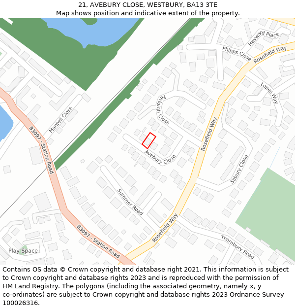 21, AVEBURY CLOSE, WESTBURY, BA13 3TE: Location map and indicative extent of plot