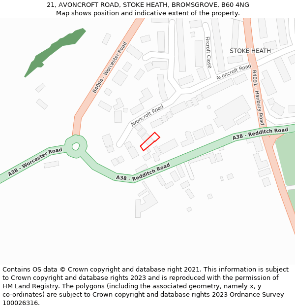 21, AVONCROFT ROAD, STOKE HEATH, BROMSGROVE, B60 4NG: Location map and indicative extent of plot