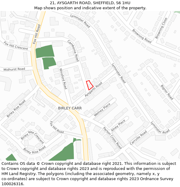 21, AYSGARTH ROAD, SHEFFIELD, S6 1HU: Location map and indicative extent of plot