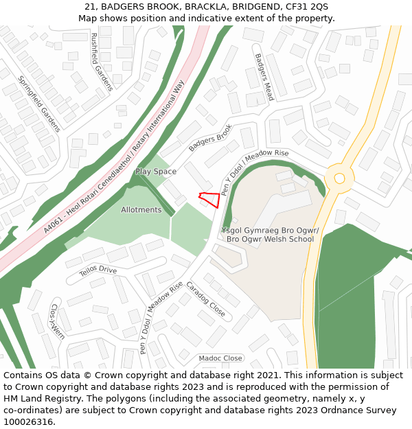 21, BADGERS BROOK, BRACKLA, BRIDGEND, CF31 2QS: Location map and indicative extent of plot