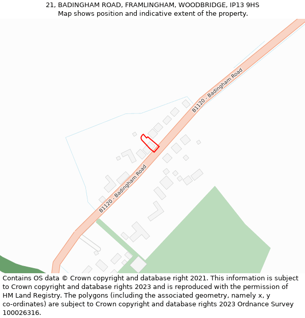 21, BADINGHAM ROAD, FRAMLINGHAM, WOODBRIDGE, IP13 9HS: Location map and indicative extent of plot