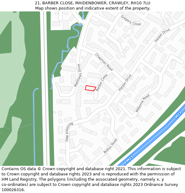 21, BARBER CLOSE, MAIDENBOWER, CRAWLEY, RH10 7LU: Location map and indicative extent of plot