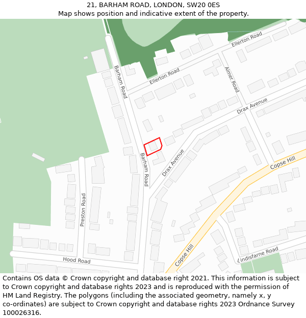 21, BARHAM ROAD, LONDON, SW20 0ES: Location map and indicative extent of plot