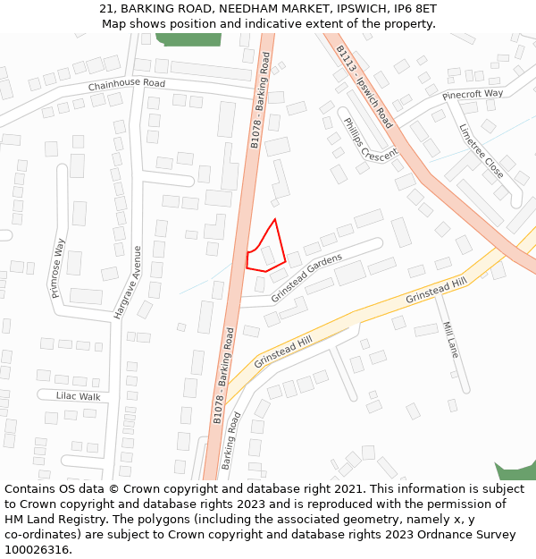 21, BARKING ROAD, NEEDHAM MARKET, IPSWICH, IP6 8ET: Location map and indicative extent of plot