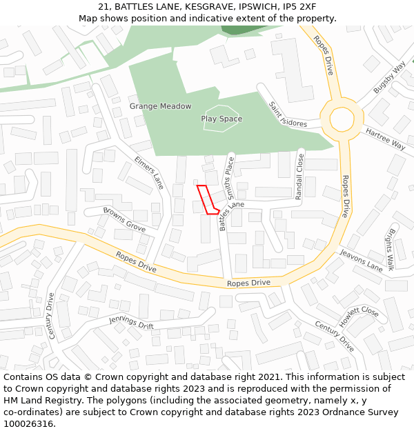 21, BATTLES LANE, KESGRAVE, IPSWICH, IP5 2XF: Location map and indicative extent of plot