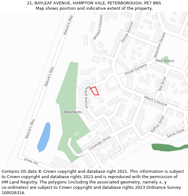 21, BAYLEAF AVENUE, HAMPTON VALE, PETERBOROUGH, PE7 8NS: Location map and indicative extent of plot