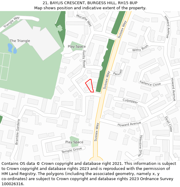 21, BAYLIS CRESCENT, BURGESS HILL, RH15 8UP: Location map and indicative extent of plot