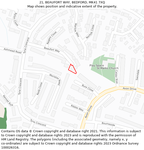 21, BEAUFORT WAY, BEDFORD, MK41 7XQ: Location map and indicative extent of plot