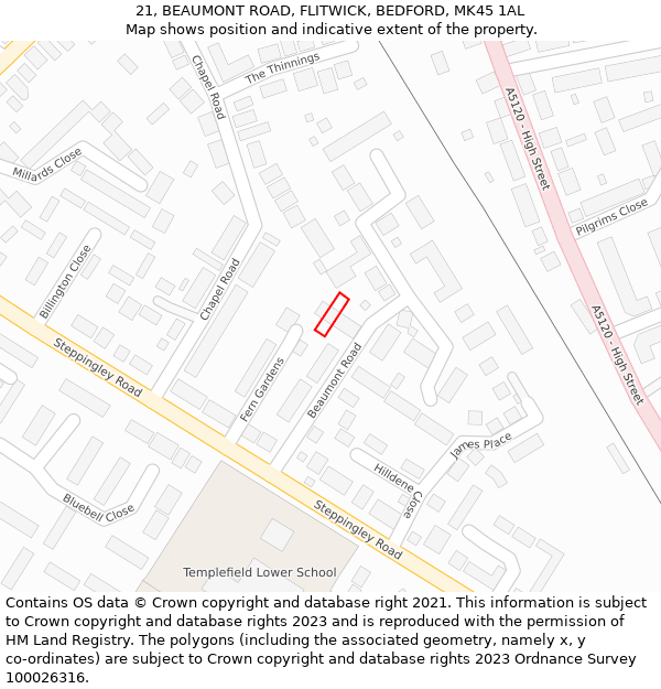 21, BEAUMONT ROAD, FLITWICK, BEDFORD, MK45 1AL: Location map and indicative extent of plot