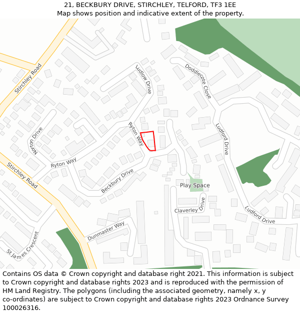 21, BECKBURY DRIVE, STIRCHLEY, TELFORD, TF3 1EE: Location map and indicative extent of plot