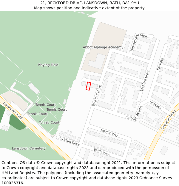 21, BECKFORD DRIVE, LANSDOWN, BATH, BA1 9AU: Location map and indicative extent of plot