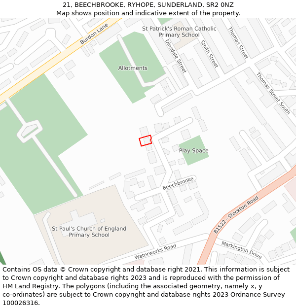 21, BEECHBROOKE, RYHOPE, SUNDERLAND, SR2 0NZ: Location map and indicative extent of plot