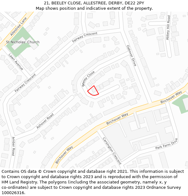 21, BEELEY CLOSE, ALLESTREE, DERBY, DE22 2PY: Location map and indicative extent of plot