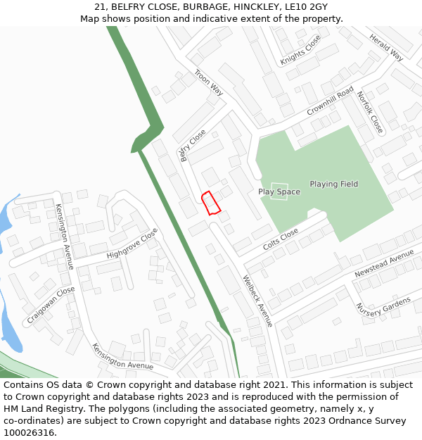 21, BELFRY CLOSE, BURBAGE, HINCKLEY, LE10 2GY: Location map and indicative extent of plot