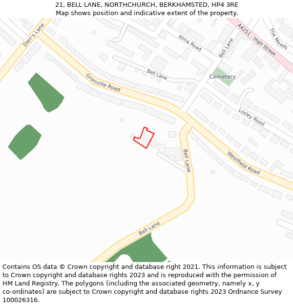 21, BELL LANE, NORTHCHURCH, BERKHAMSTED, HP4 3RE: Location map and indicative extent of plot