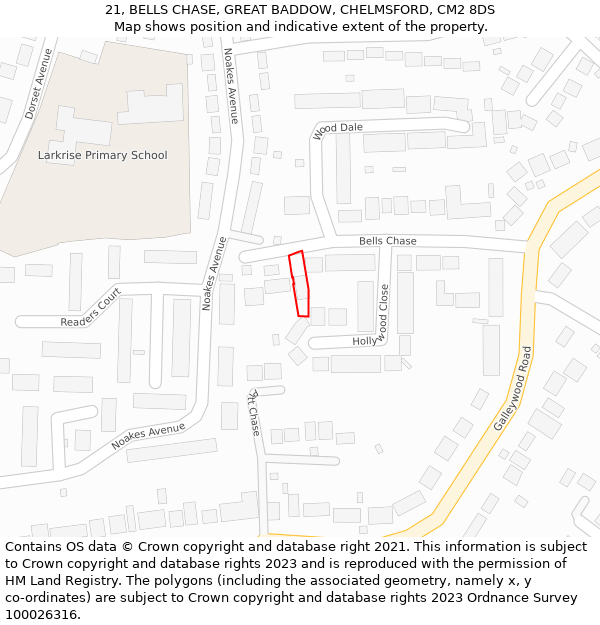 21, BELLS CHASE, GREAT BADDOW, CHELMSFORD, CM2 8DS: Location map and indicative extent of plot