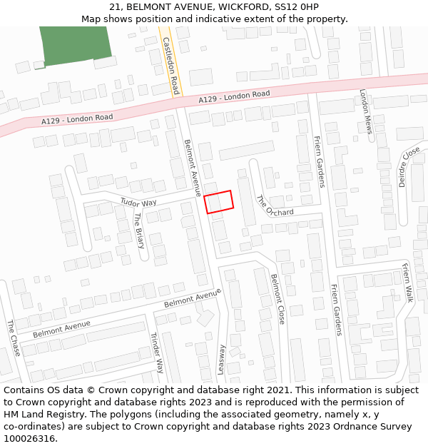 21, BELMONT AVENUE, WICKFORD, SS12 0HP: Location map and indicative extent of plot