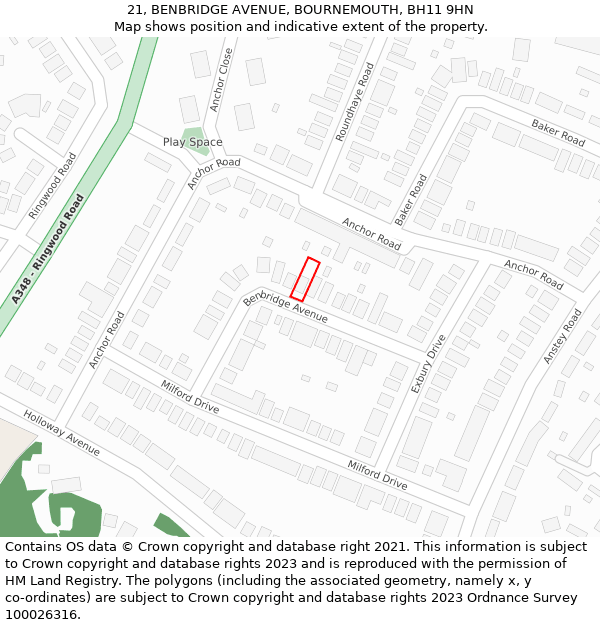 21, BENBRIDGE AVENUE, BOURNEMOUTH, BH11 9HN: Location map and indicative extent of plot