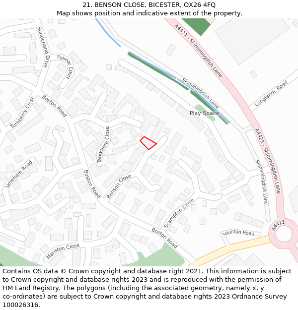 21, BENSON CLOSE, BICESTER, OX26 4FQ: Location map and indicative extent of plot