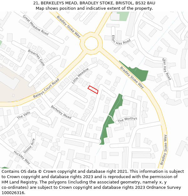 21, BERKELEYS MEAD, BRADLEY STOKE, BRISTOL, BS32 8AU: Location map and indicative extent of plot