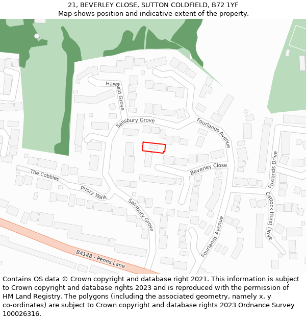 21, BEVERLEY CLOSE, SUTTON COLDFIELD, B72 1YF: Location map and indicative extent of plot