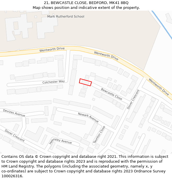 21, BEWCASTLE CLOSE, BEDFORD, MK41 8BQ: Location map and indicative extent of plot