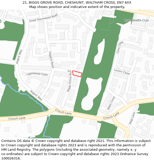 21, BIGGS GROVE ROAD, CHESHUNT, WALTHAM CROSS, EN7 6XX: Location map and indicative extent of plot